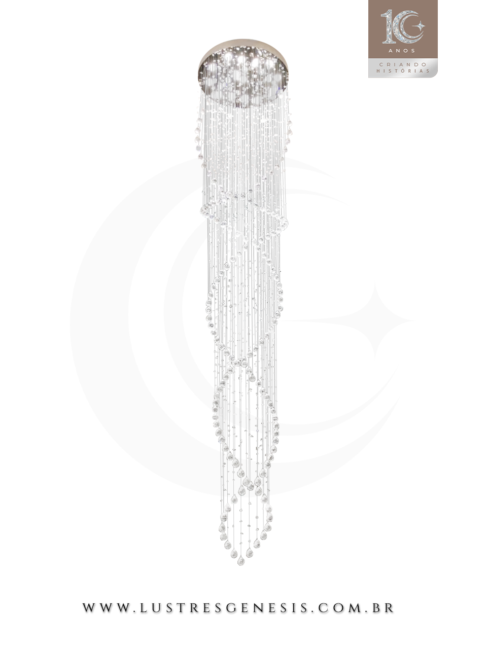 Lustre de cristal Zafira para pé direito duplo, com design elegante e cristais K9 legítimos, ideal para escadas e ambientes amplos.